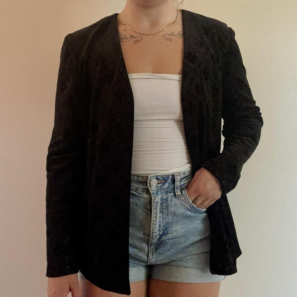 Alex Evenings vintage Y2K Black Velvet Plaid Glitter Jacket — Size L